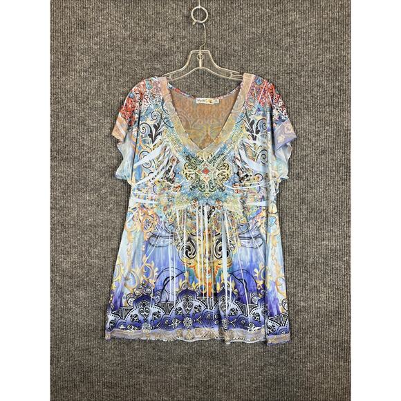 Unity Womens Boho Blouse Size XL Beaded Mesh Multi Color Artsy Short Sleeve - Picture 1 of 10